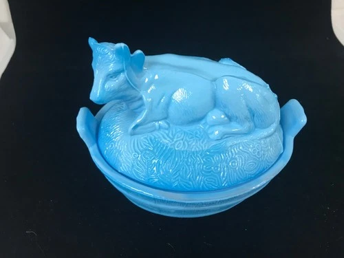 Vintage Blue Milk Glass Cow On Nest Marked on bottom of Dish