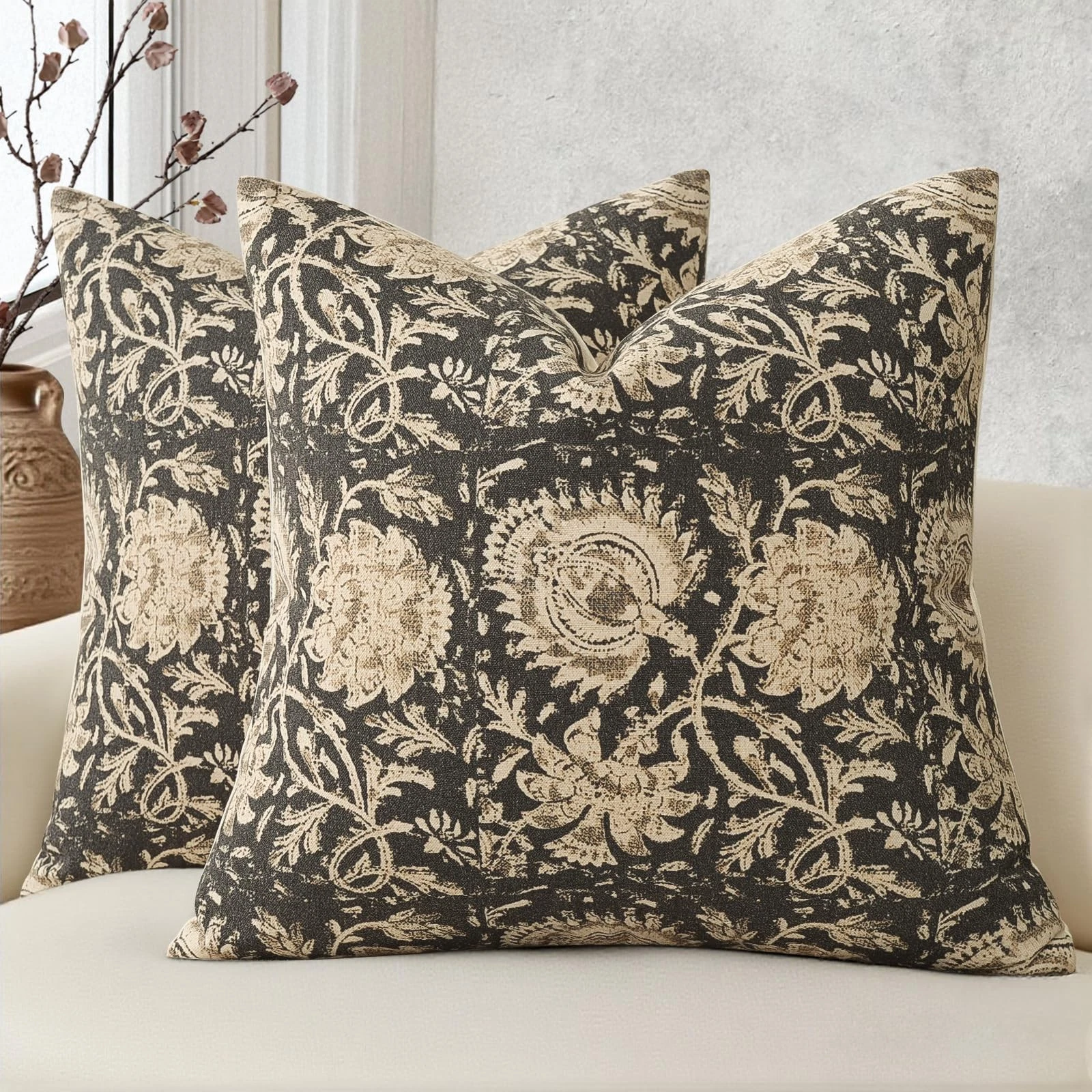 Vintage Floral Print Throw Pillow Covers 20x20 Set of 2 Neutral Modern Farmho...