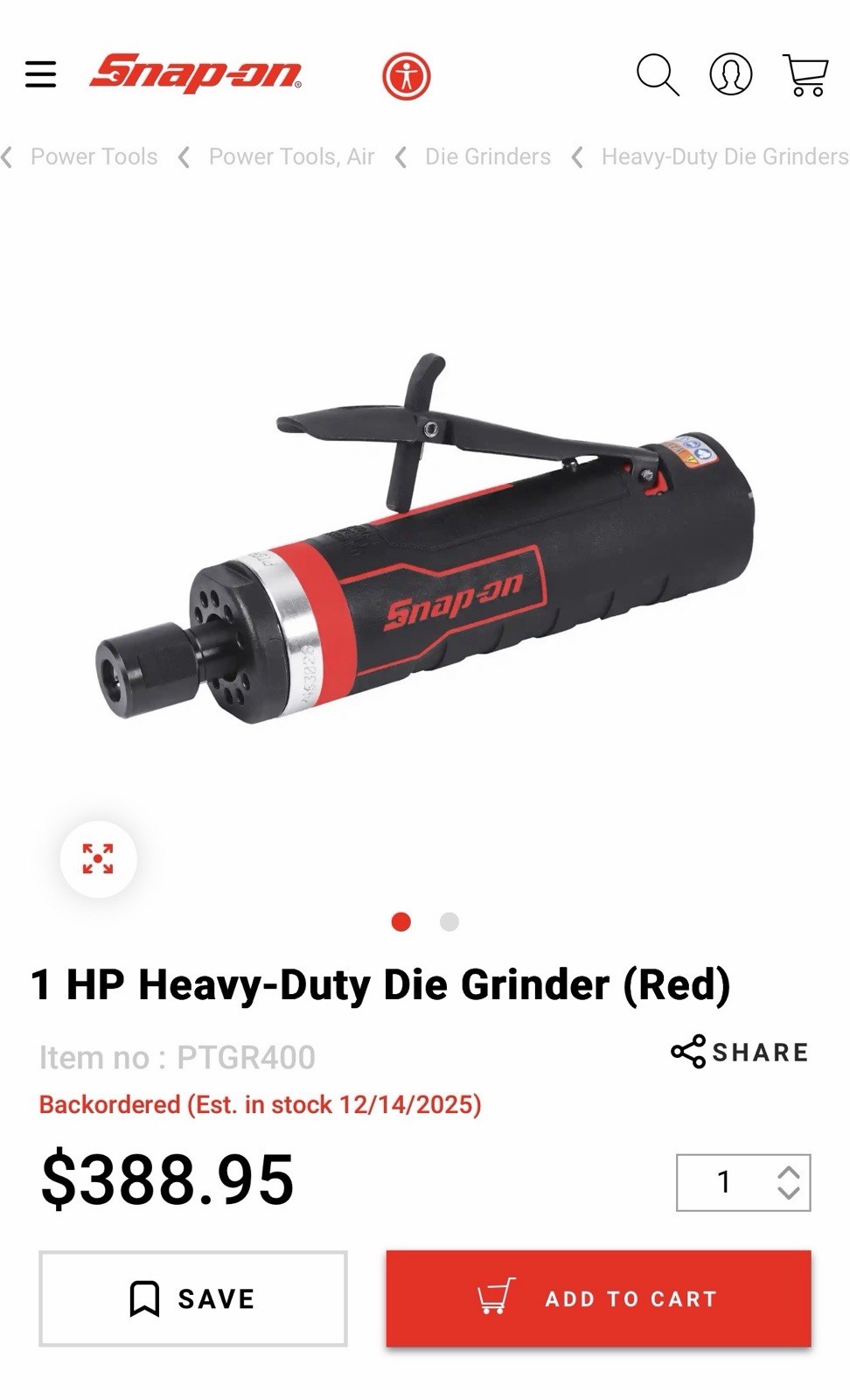 Snap-On  1 HP Heavy-Duty Die Grinder (Red