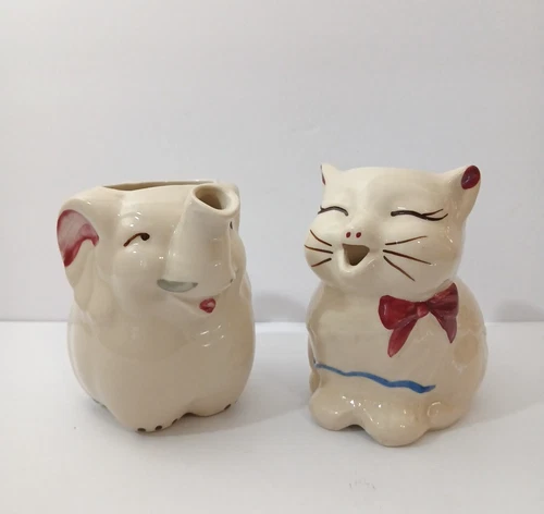 1940's Shawnee Art Pottery Puss N' Boots Cat & Elephant Creamer Pitcher Lot of 2