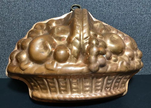 Antique Tin-Lined Copper BAKING MOLD, Fruit Basket - 9" L, Made in England