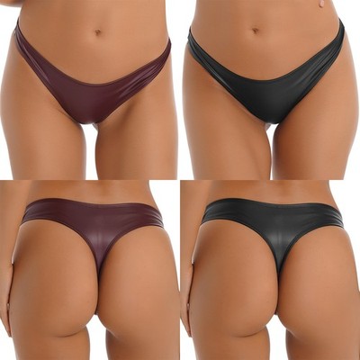 Women's Low Rise PU Leather Thong Underwear Solid Color Briefs Panties Swimwear