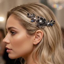 Black Wedding Hair Comb Silver Rhinestone Bridal Hair Piece Crystal Evening P...