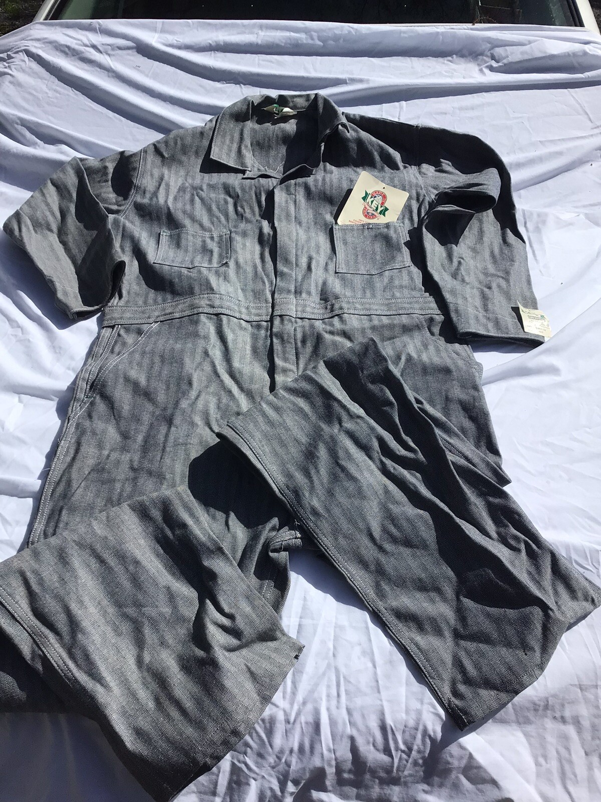 NOS. Key Brand Men's Gray Fisher Stripe Unlined Long-Sleeve Coveralls 48R Vintg