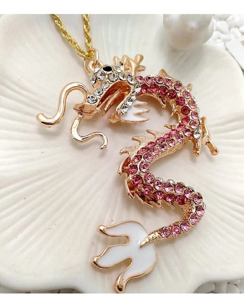 Betsey Johnson Necklace CHINESE DRAGON PINK Gold Crystal Pink