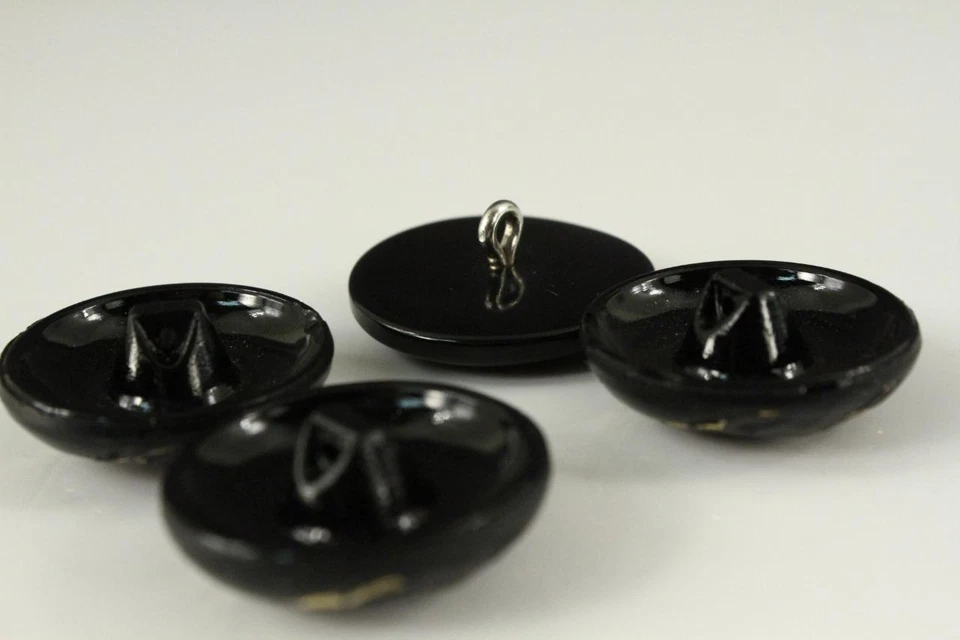 Vintage MOURNING Buttons Black Glass & Gold Shank 3PC Lot 1-1/8" Wide - Image 2 of 2