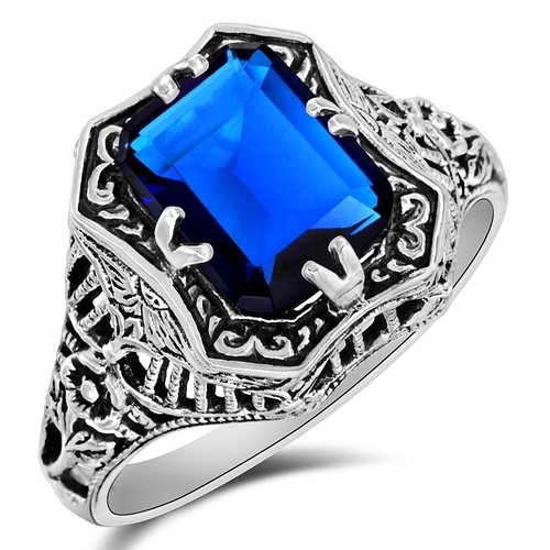 2CT Treated Blue Sapphire 925 Sterling Silver Victorian Style Ring Sz 6 XB3