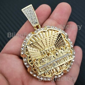 Authentic Gold Plated Large Last Supper Pendant & Iced Cubic Zirconia Chain Necklace