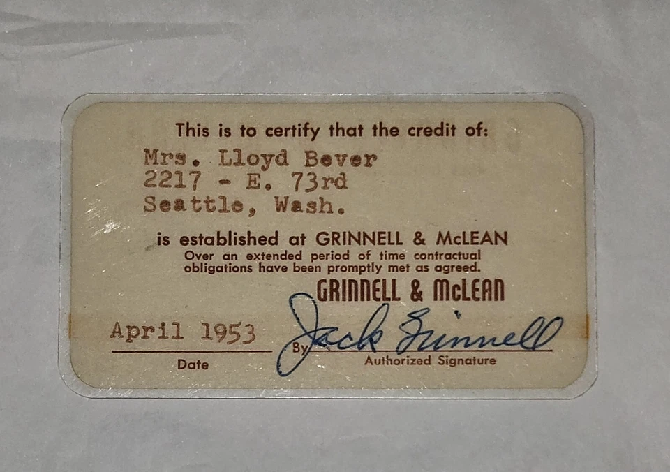 Distrito U Seattle, WA. Grinnel & McLean Furniture 1953 ~ Tarjeta de crédito preferida Foto 2 de 3