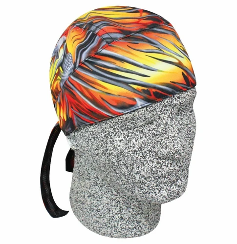 Neon Orange Pinstripe Flame Skull Headwrap Durag Doo Rag Cap Sweatband Biker