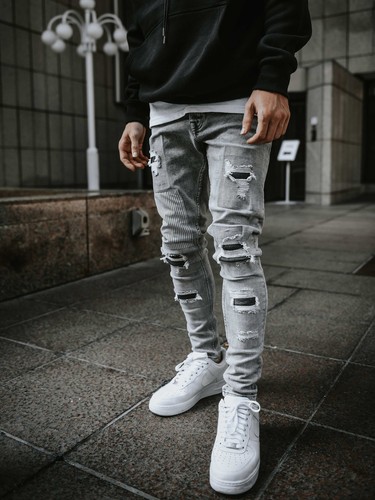 Men’s Rider Grey Jeans Random Ripped Skinny Distressed Denim | FREE SHIPPING - 第 4/6 張圖片