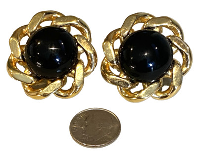 VTG-CINER Earrings Onyx Black Glass Cabochon Gold Tone Cuban Chain Border-MINT!