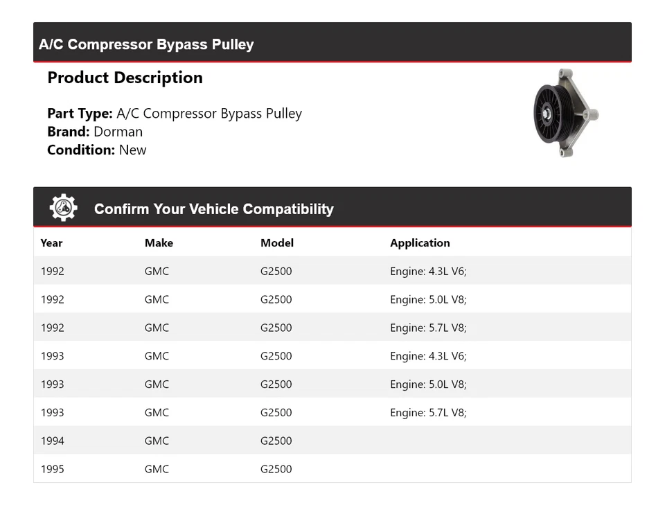 Polea de derivación compresor aire acondicionado Dorman GMC G2500 1992-1995 1993 1994 Foto 2 de 4