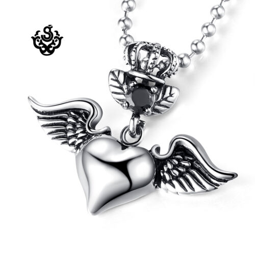 Silver pendant vintage style stainless steel angel love heart cz necklace 60cm - Photo 1 sur 3