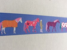 Colorful horses on periwinkle light blue Grosgrain ribbon BTY 7/8"