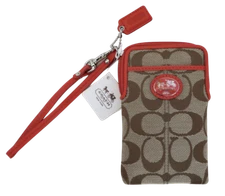 New Coach Sutton Khaki Vermillion Orange Credit Card Wristlet Universal Case