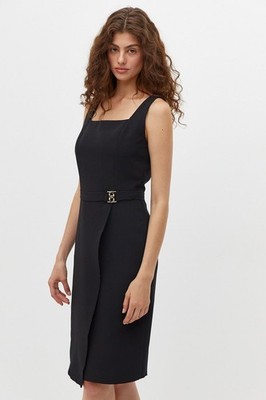 Elisabetta Franchi Sleeveless Crepe Sheath Dress with Logo Metal Plate