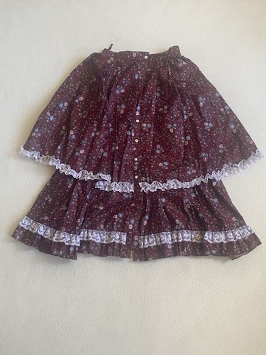 Vintage Jessica McClintock Gunne Sax Burgundy Floral Lace Tiered Midi Skirt XS