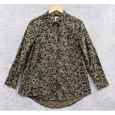 Comfy USA Tunic Top Womens Medium Olive Green Abstract Leaf Button Down USA Made