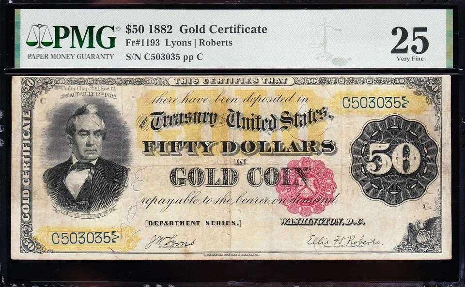 VERY NICE *RARE* Bold & Crisp VF+ 1882 $50 GOLD CERTIFICATE! PMG 25! C503035 - Image 2 of 3