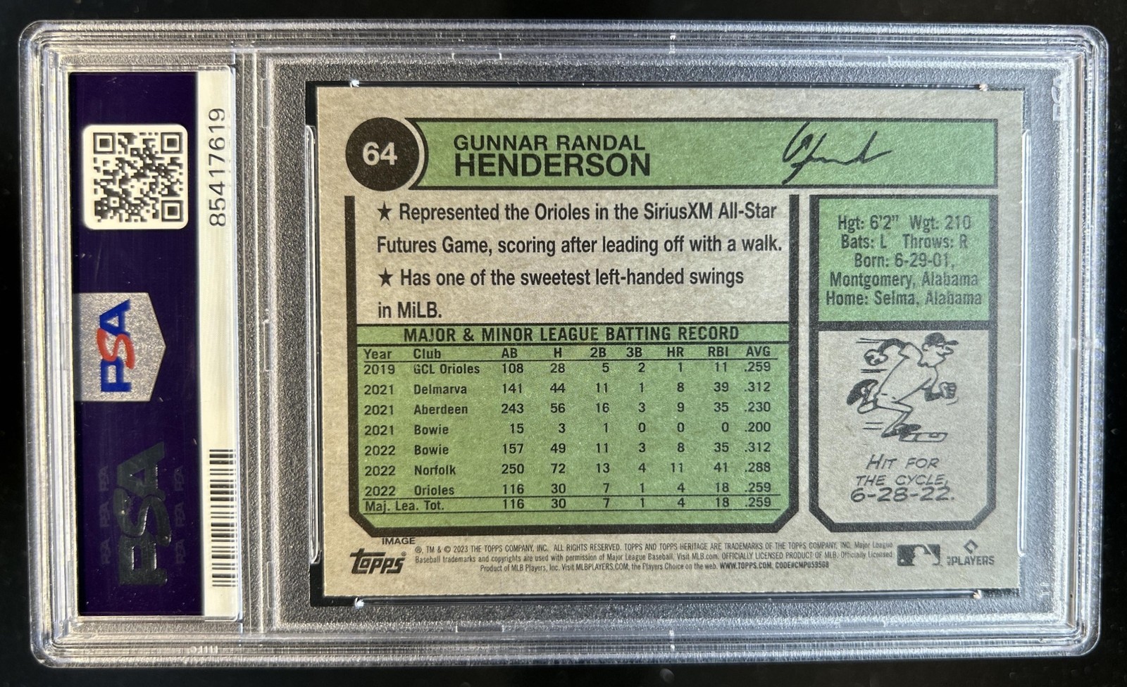 2023 Topps Heritage Gunnar Henderson Rookie SP RC VAR #64c Orioles PSA 10 view 2