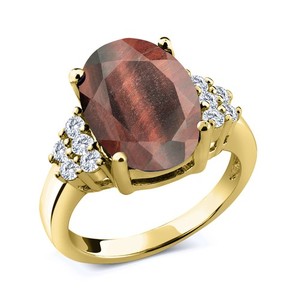 Authentic 4.38 Ct Red Tiger Eye E-F Lab Grown Diamond 18K Yellow Gold Plated Silver Ring