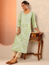 Women s Green Chikankari Kurti Embroidered Cotton Ethnic Kurta Straight