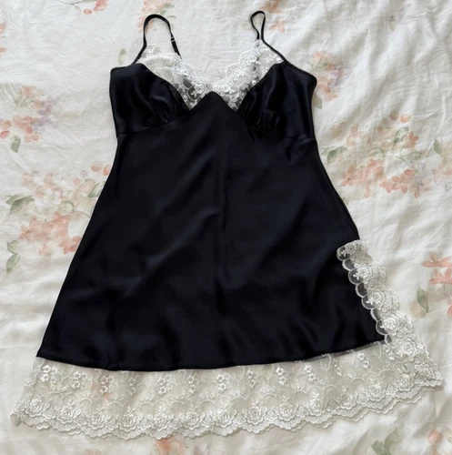 Silk Mini Slip Dress Babydoll Black White Lace Slit Large Chemise Nightie Preppy