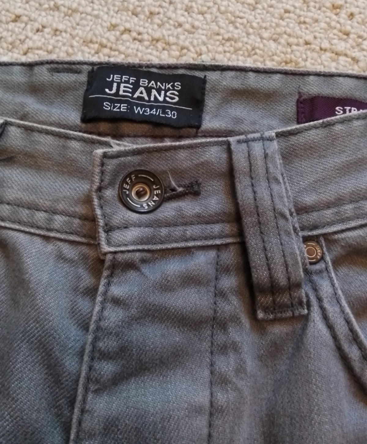 Mens Jeff Banks Straight Leg Jeans Grey Button W34 L29 Very Good Condition image 5