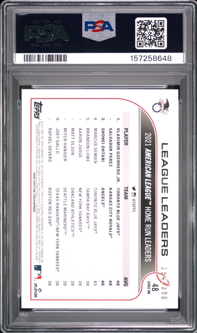 2022 Topps #48 21' AL HR Leaders Guerrero Jr./Perez/Ohtani Foilboard /390 PSA 10 view 2
