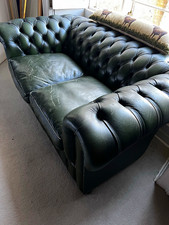 Chesterfield Green Leather 2-Seater Sofa, Traditional Button Tufted 165x85x70cm