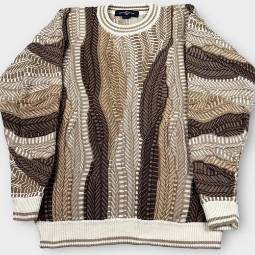 Cotton Traders Sweater Mens M Brown Beige 3D Coogi Style Knit Crewneck VTG 90s