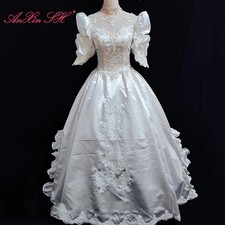 Vintage White Satin Flower Lace O Neck Beading Half Puff Sleeve Wedding Dress