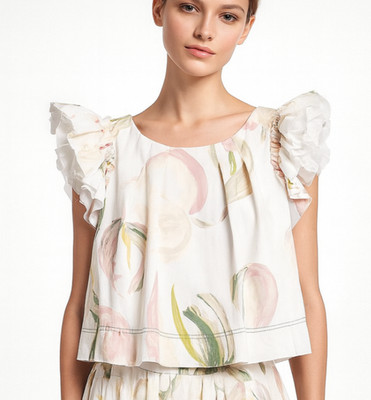 AJE Frill Sleeve Imprint Cotton Crop Top Painterly Laceleaf Print size 12 NWT