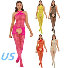 Womens Hollow Out Fishnet Bodysuit Halter Crotchless Jumpsuit Bodystocking