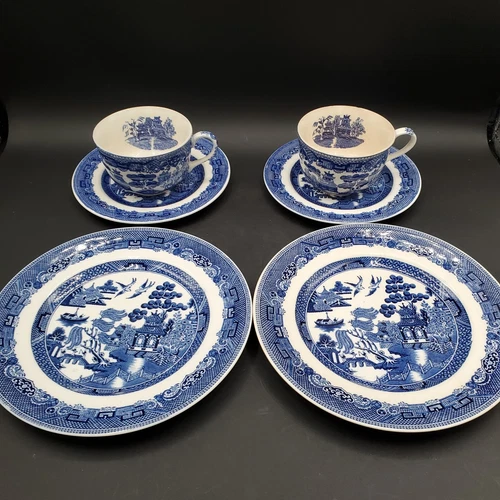 Johnson Bros Set of 2 Blue & White Willow Tea Cup, Saucer, Plate Made in England