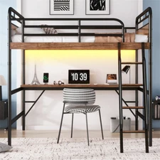 Full Size Loft Bed with Desk,LED Light and Charge Station Metal Bed Frame,Black