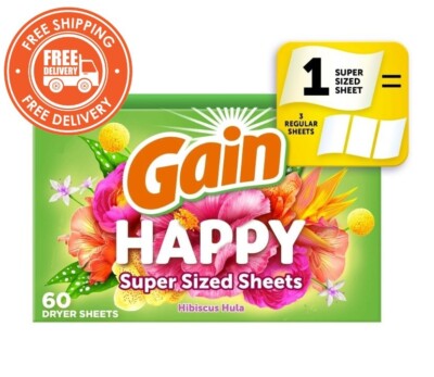 Gain Super Size Dryer Sheets, Happy Hibiscus Hula Scent, 60 Count