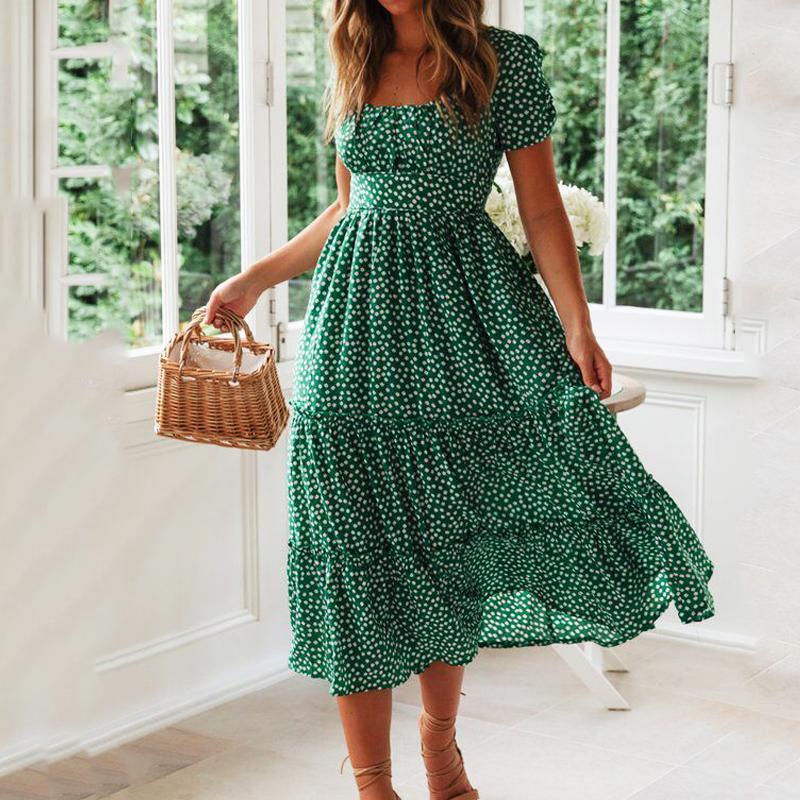 Women Vestidos Dot Printed Puff Sleeve Beach Dresses Casual Maxi Dress Yellow / S Women Vestidos Dot Printed Puff Sleeve Beach Dresses Casual Maxi Dress Yellow / S