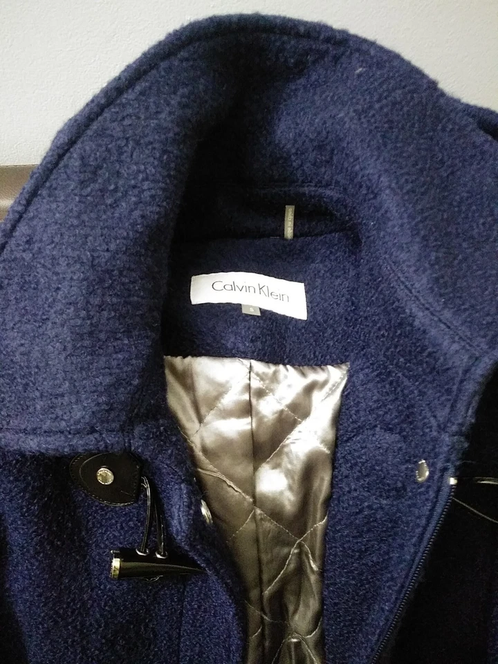 Abrigo de Lana Calvin Klein Talla Pequeña Mujer Abrigo Guisante Con Capucha Azul Marino Cremallera Botón Foto 2 de 4