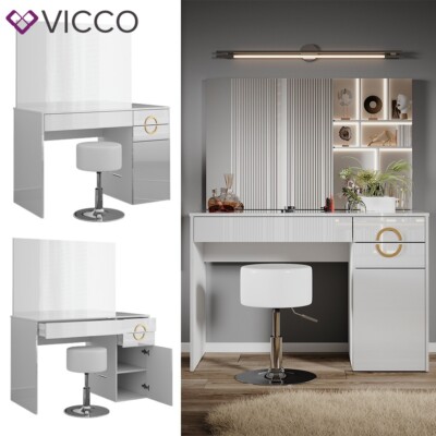 Schminktisch Adela Weiß Hochglanz, 115 x 76,4 cm mit Spiegel, Hocker Vicco