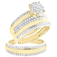 10K Gelbgold Diamant Dreifach Set Kreis Braut Set + Gerillter Ehering 1 Karat