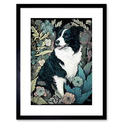 Border Collie Hund Wildblumenfeld moderner gerahmter Wandkunstdruck Bild 9 x 7 Zoll