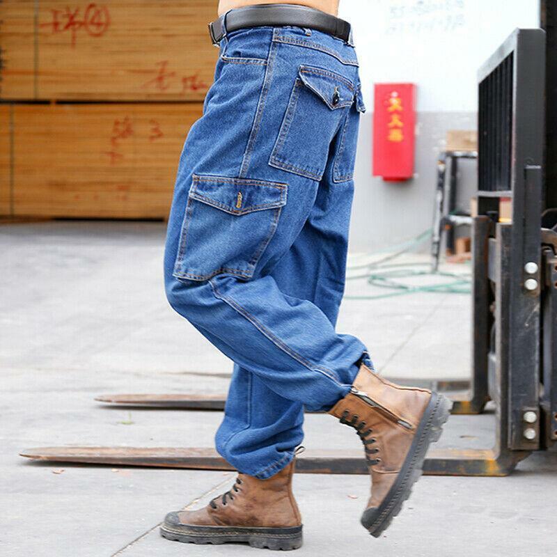 Mens Casual Cargo Jeans Heavy Duty Work Denim Pants Combat Straight Trousers