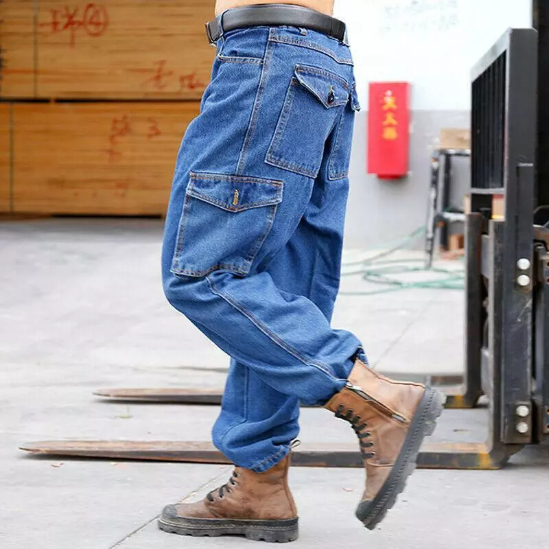 Men&#039;s Cargo Denim Jeans Loose Combat Work Trousers | eBay