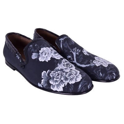 DOLCE & GABBANA Floral Canvas Croco Leather Loafer Shoes AMALFI Gray Black