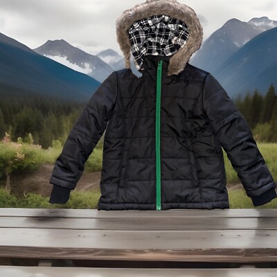 Janie And Jack Boys Black Puffer Parka Jacket Faux Fur Trim Removable Hood  5-6