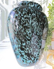 Hand Blown Large Black, Blue with Gold Flecks 10.5" Tall Vase Heavy 