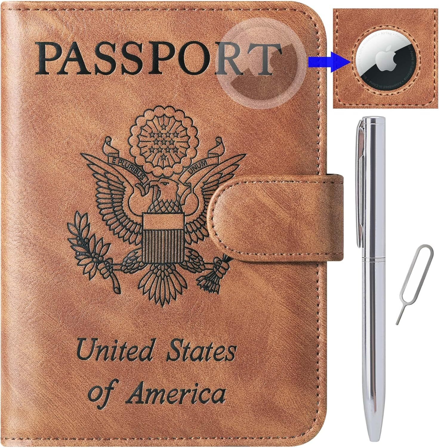 Leather RFID Blocking Airtag Passport Holder Wallet for Men and Women Travel Case-image
