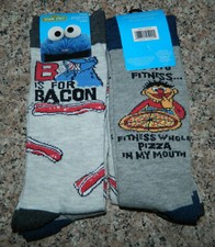 NWT SESAME STREET men's 2-pack COOKIE MONSTER Bacon ERNIE Pizza CREW SOCKS 10-13